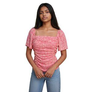 Lush Floral Ruched Front Blouse~Size Medium~Pink Smocked Back Top NWOT  L13 16